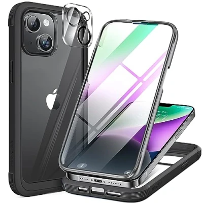 Abbildung von Miracase 360 Grad Hülle für iPhone 13/ 14 (6.1 Zoll), Ganzkörper Schutzhülle mit eingebauter Glas Displayschutzfolie, Stoßfeste Fullbody Handyhülle, Schwarz