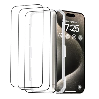 Abbildung von SYNCWIRE iPhone 15 Pro Panzer Schutz glas mit Schwarzem Rand, 3 Pack Vollständige Abdeckung Militärqualität Folie Pro[9H Härte] [Blasenfrei] [99,99% HD] für Apple 6,1&quot;