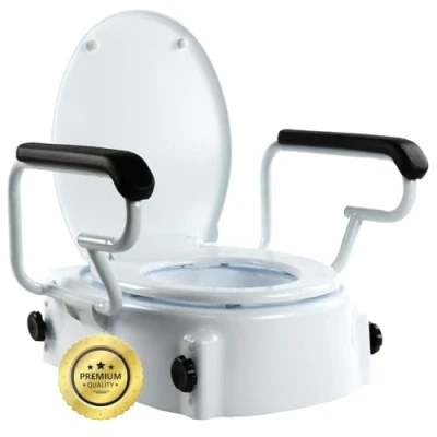 Abbildung von OrtoPrime Kippbarer Toilettenlift mit klappbaren Armlehnen Höhenverstellbare WC Erhöhung Senioren 5 10 und 15 cm Toilettensitzerhöhung Deckel Tragbare Sitz