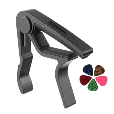 Abbildung von CDDCWZ Gitarre Kapodaster Capo mit 5 Plektren, Einhand Gitarren für akustische E und Ukulele (Schwarz)