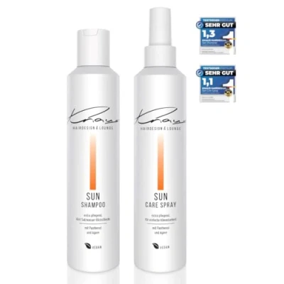 Abbildung von Knaus Hairdesign Sun Shampoo Conditioner Set 2 Phasen UV Schutz Leave in Spray mit gegen Chlor und Salzwasser spendet den Haarfasern Feuchtigkeit Kämmbarkeit VEGAN