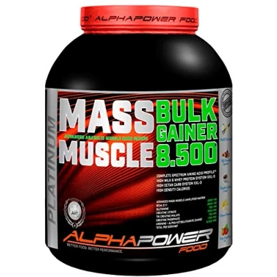 Abbildung von ALPHAPOWER FOOD Maas Whey, Muscle Weight Gainer I Mega, Muskelmasse &amp; Muskelaufbau Protein Eiweiß, Kohlenhydrate Pulver Shake für Hardgainer, 2kg Haselnuß Toffee + Creatin, Bcaa, MCT Öl
