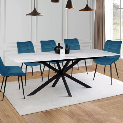 Abbildung von IDMarket Esstisch, ausziehbar, rechteckig, Alix, 6 10 Personen, Spinnenfuß, Metall, Schwarz, Platte mit Marmor Effekt, Weiß, Alaska, 160 200 cm