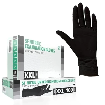 Abbildung von SF Nitrilhandschuhe XXL Schwarz 100 Stück Einweghandschuhe, Einmalhandschuhe, Puderfrei, Latexfrei, Gummihandschuhe Einweg zum Kochen, Putzen, für Medizin, Küche, Garten, Werkstatt, Tattoo, Haushalt