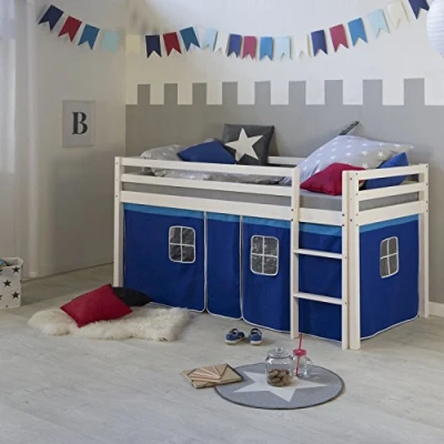 Abbildung von Homestyle4u 519, Kinderbett 90 x 200 Weiß Blau Hochbett mit Treppe Vorhang Bettgestell Holz Kiefer Kinderzimmer