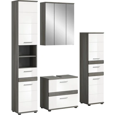 Abbildung von welltime Badmöbel Set &quot;Lucca, bestehend aus: 2x Hochschrank, 1x Waschbeckenunterschrank &amp;&quot;, (Set, 4 St.), Spiegelschrank, Badkombination, Bad Möbel, Badezimmer