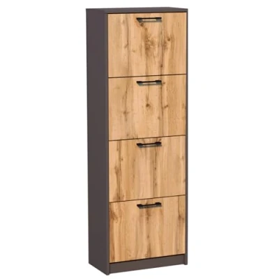 Abbildung von Schuhschrank mit 4 aufklappbaren Schubladen, Schuhregal Fächern weiche abgerundete Kanten, 50 cm breit, laminierte Platte, matte Oberfläche, platzsparende Schuhaufbewahrung graphit Eiche