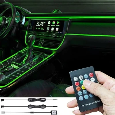 Abbildung von TABEN Auto Umgebungslicht Kit Glasfaser 8 Farben RF Fernbedienung DIY RGB Mehrfarbig Soundaktive Musiksynchronisierung Innenraum Atmosphärenbeleuchtung 3 m