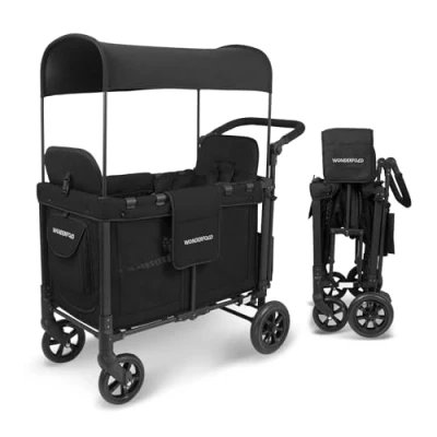 Abbildung von WONDERFOLD W2 Multifunktions Doppel Kinderwagenwagen für 2 Passagiere, zusammenklappbar, Schiebedach und abnehmbare erhöhte Sitze mit Fußstütze (Jet Black)