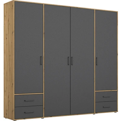 Abbildung von Rauch Möbel Voyager Drehtürenschrank, Alpinweiß/Eiche Artisan, Holz, 3 türig mit 2 Schubladen, inkl.1 Kleiderstange, Einlegeböden BxHxT 140x194x53 cm