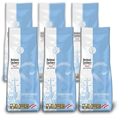 Abbildung von Helmut Sachers Kaffee Entkoffeiniert, Intensität 2/5, 100% Arabica, ganze Kaffeebohnen, 6 x 500g