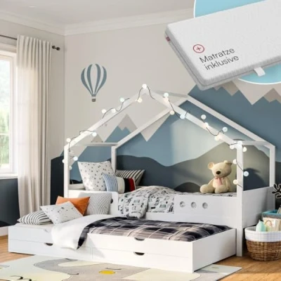 Abbildung von Bellabino Bela Hausbett 90x200 cm für Kinder mit Gästebett &amp; 2 Schubladen, weißes Kinderbett Rausfallschutz, Kleinkinderbett und Jugendbett aus Kiefer Massivholz inkl. Lattenrost Matratzen