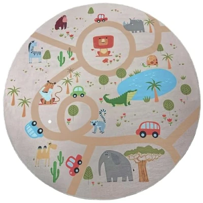 Abbildung von the carpet Happy Life Kinderzimmer, Kinderteppich, Spielteppich, Straßenteppich, Straße, Dschungel, Tiere, Auto, Beige 2, 160 cm Rund