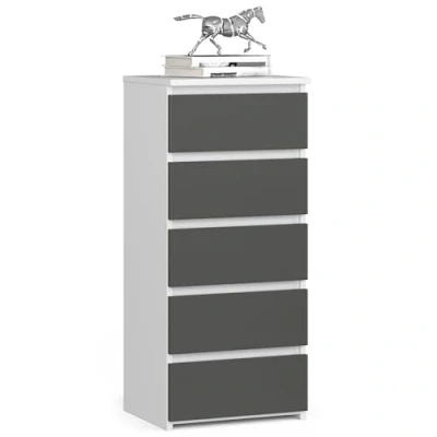 Abbildung von AKORD Kommode mit 5 Schubladen Rollschubladen Schubladenschrank Kleiderschrank Sideboard Ablage Robust Universal Design Weiß Graphitgra