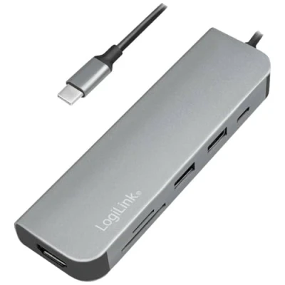 Abbildung von LogiLink UA0343 USB C™ Multifunktions Hub mit 6X Erweiterungen: 1x HDMI/1x C PD (Power Delivery)/1x SD Kartenleser/2x 3.2 Gen 1x1/1x HDMI (4Kx2K @30Hz) fürs Smartphone, Notebook, Computer