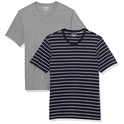 Abbildung von Amazon Essentials Herren T Shirt mit kurzen Ärmeln, V Ausschnitt und schmaler Passform, 2er Pack, Grau Meliert/Marineblau Streifen, L