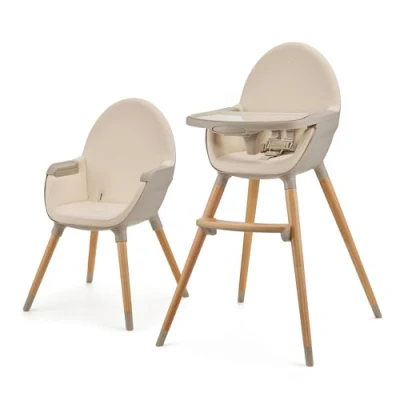 Abbildung von Kinderkraft Hochstuhl FINI2 2 in 1, Kinderhochstuhl, Babystuhl, Kombihochstuhl, Beine aus Holz, Sicherheitsgurte, Fußstütze, Doppeltablett, ab 6 Monate bis 5 Jahre, Punkt Gurte, Beige