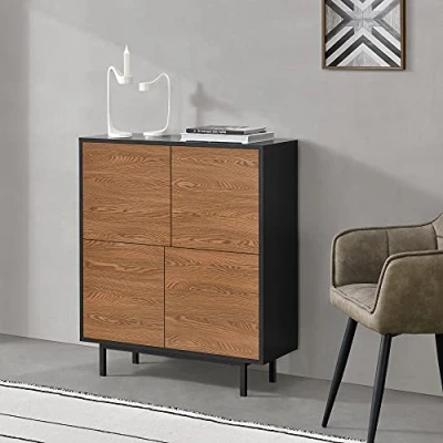 Abbildung von en.casa Beistellschrank Gnosjö Kommode 4 Türen Push to open Technik Schwarz/Dunkler Holzton