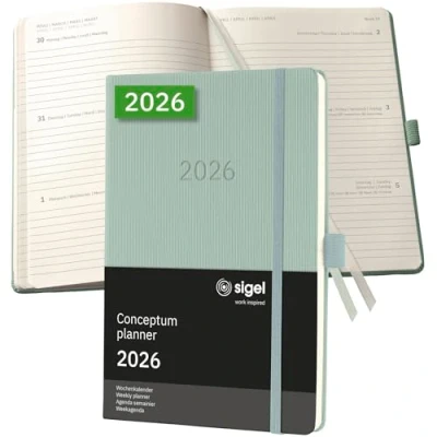 Abbildung von SIGEL C2672 Wochenplaner Wochenkalender 2026, ca. A5, grün, Hardcover, 192 Seiten, Gummiband, Stiftschlaufe, Archivtasche, aus nachhaltigem Papier, Kalenderbuch Conceptum