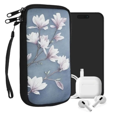 Abbildung von kwmobile Handytasche für Smartphones XL 6,7/6,8&quot; Neopren Handy Tasche Hülle Cover Case Schutzhülle Magnolien Taupe Weiß Blaugrau 17,2 x 8,4 cm Innenmaße