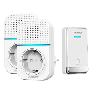 Abbildung von TECKNET Türklingel Batterielose, Steckdosen Funkklingel Wasserdicht Drahtloses Funk mit 2 EU Steckdose, 400m, 60 Laute Melodien, 5 Lautstärke Stufen, LED Blinken