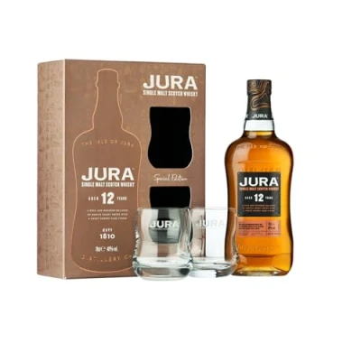 Abbildung von Jura 12 Years Old Single Malt Scotch Whisky 40% Vol. 0,7l in Geschenkbox mit 2 Gläsern