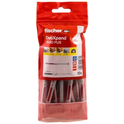 Abbildung von fischer DuoXpand 8 x 80 FUS, hochwertiger Universaldübel mit Sechskantschraube &amp; angeformter U Scheibe (10 Stk.), Dübel für starken Halt, ideal poröse Baustoffe randnahe Verankerungen
