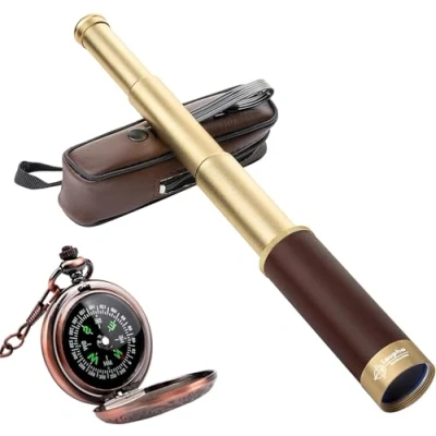 Abbildung von Laupha Retro Pirat Teleskop Monokular 25x30 Zoomable Vintage Kapitän Jack Spyglass BAK 4 Linse Fernrohr Kinder Faltbar Tragbar Pocket with Kompass Erwachsene für Outdoor Camping