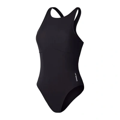 Abbildung von Speedo Einfarbiger Highneck Badeanzug Fitness Weiches Hautgefühl Premium Schwimmbekleidung für Damen, Anthrazit, XXS