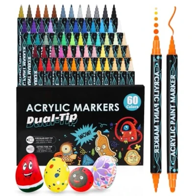 Abbildung von Acrylstifte für Wasserfest,60 Stifte Dual Tip Acrylfarben Steine Bemalen Set,acrylfarben Holz,Glas,Leinwand,Stein,Stoff,DIY Fotoalben,Keramik