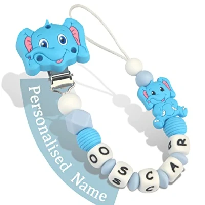 Abbildung von Schnullerkette mit Namen Jungen mädchen Personalisiert Schnullerclip Elefant(Blau)