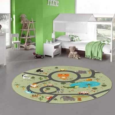 Abbildung von Teppich Traum Kinderzimmer Kinderteppich rutschfest waschbar Spielteppich Safari Straße Autos Tiere grün Rund 200 cm Durchmesser