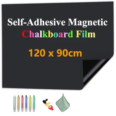 Abbildung von JOMUSAGA Tafelfolie Magnetisch Selbstklebend, 120 x 90 cm Magnetfolie, Abwischbar Kreidefolie, Magnettafel Folie Kind Wand für Haus Büro Schule, mit Wasserbasierende Kreidemarkern&amp; Magnete &amp; Tuche
