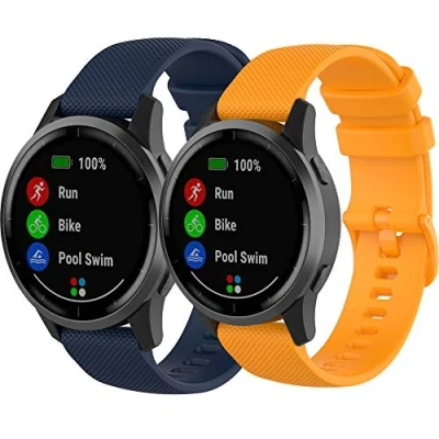 Abbildung von Yikamosi Kompatibel mit Garmin Vivoactive 4 Armband,22MM Schnellverschluss Weiches Silikon rostfreiem Metallverschluss Ersatzbänder für 4/Garmin Venu 2,Mitternachtsblau+Orange
