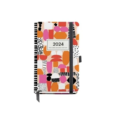 Abbildung von Miquelrius Jahreskalender 2024, Tagesansicht, Passport Größe 90 x 140 mm, fester Einband, genähte Gummiverschluss, Spanisch, Englisch und Portugiesisch, Abstrakte Kunst