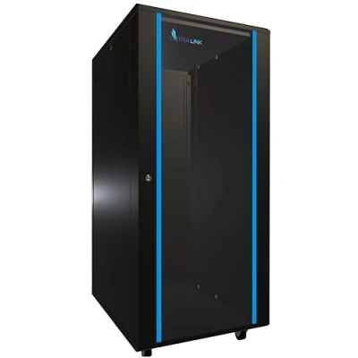 Abbildung von Netzwerkschrank 19 Zoll 27 HE 600x800 freistehend abnehmbare Seitenwände selbstmontierender Rahmen Serverschrank für Switches UPS Server gehärtetes Glas Schwarz Rack