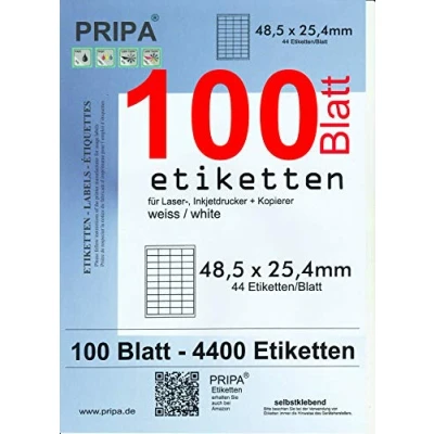 Abbildung von pripa Amazon FBA Versand Etiketten 48,5 x 25,4 mm 44 Stueck auf A4 100 Blatt DIN selbstklebende = 4400