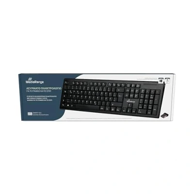 Abbildung von MediaRange kabellose Funk Tastatur mit 105 Tasten, QWERTY (griechisch) Layout, PC Set kabellosem USB 2.0 Nano Empfänger, 10m Sendereichweite, spritzwassergeschützt &amp; höhenverstellbar