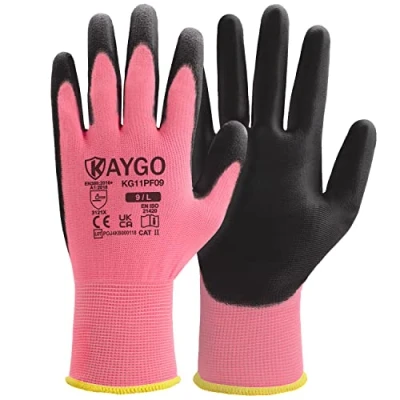 Abbildung von KAYGO 12 Paar Arbeitshandschuhe für Herren Damen, PU beschichtet Schutzhandschuhe, antirutsch Griff an Handflächen und Fingern, Geeignet DIY allgemeine Arbeit Gartenarbeit (Rosa, L, Gr 9)