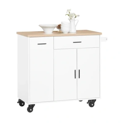 Abbildung von SoBuy Design Küchenwagen mit Arbeitsplatte Küchenschrank Kücheninsel Gewürzregal Rollwagen Sideboard auf Rollen Küchentrolley Weiß BHT ca. 105x92x46cm FKW126 WN