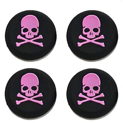 Abbildung von Silikon Daumenkappe für Joysticks, Thumbsticks, PS4, PS3, Xbox One, PS2, 360, Game Controller (rosa Totenkopf), 4 Stück
