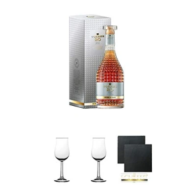 Abbildung von Torres 20 Jahre Brandy Hors D&#039;age spanischer 0,7 Liter + 2 Bugatti Nosing Gläser mit Eichstrich 2cl und 4cl Schiefer Glasuntersetzer eckig ca. 9,5 cm Ø