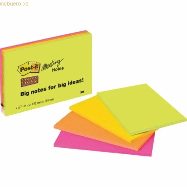 Abbildung von Post it Super Sticky Large Notes, Packung mit 4 Blöcken, 45 Blatt pro Block, 152 mm x 101 mm, Grün, Gelb, Orange, Pink, Haftnotizen für Notizen, To Do Listen und Erinnerungen