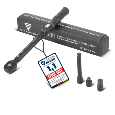 Abbildung von STAHLWERK Drehmomentschlüssel TWS 110 ST 72 Zähne 20 Nm 3/8&quot; Umschaltknarre Ratschenschlüssel Ratsche Knarre mit Mikrometerskala inklusive Verlängerungsstange, 1/2&quot; und 1/4&quot; Adapter