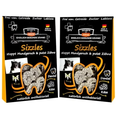 Abbildung von QCHEFS 2X Sizzles: Hunde Zahnpflege antibakteriell gegen Mundgeruch und Zähne geputzt als getreidefreie hypoallergene Leckerlis nach dem Hundefutter perfekt für Welpen Training (2er Pack)