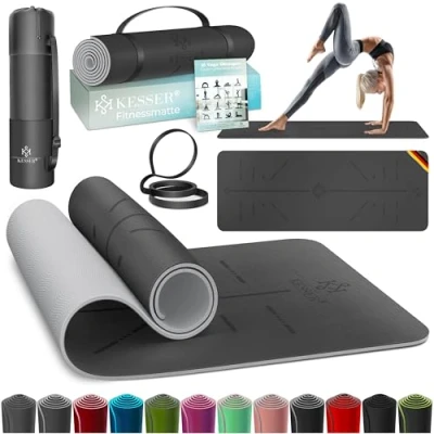 Abbildung von KESSER® Gymnastikmatte mit Tragegurt rutschfest TPE Yogamatte Gepolstert &amp; Fitnessmatte, 183 x 61 Trainingsmatte für Fitness Sportmatte, Pilates Gymnastik + Tasche, extradick