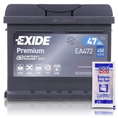 Abbildung von EXIDE EA472 Premium Carbon Boost Autobatterie 12V 47Ah 450A Starterbatterie PKW KFZ Batterie Ersetzt 40Ah 41Ah 42Ah 44 + 1x Batteriepolfett