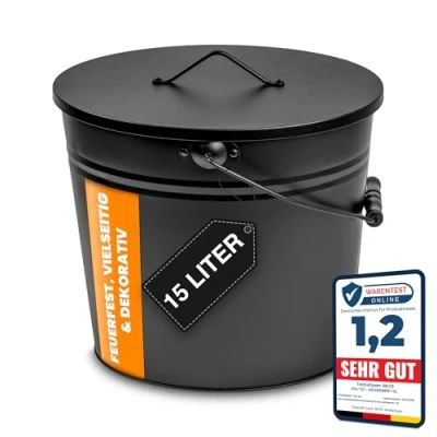 Abbildung von Ora Tec Aschekasten Ascheeimer mit Deckel 15 Liter 24 x 33 30,5 Kohleeimer, Kamineimer und Tragegriff für Kohle Asche