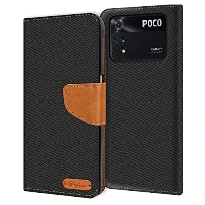 Abbildung von Verco kompatibel mit Xiaomi Poco M4 Pro Hülle, Schutzhülle für 4G Tasche Denim Textil Book Case Flip Klapphülle Schwarz