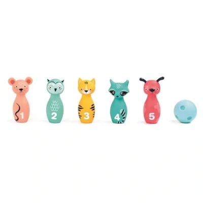 Abbildung von Ludi Weiches Kegelspiel für Babys ab 10 Monaten 5 Kegel Tiere leicht zu greifen + ergonomischer Ball Geschicklichkeit, Zielen und Koordination leise 100% PVC, waschbar